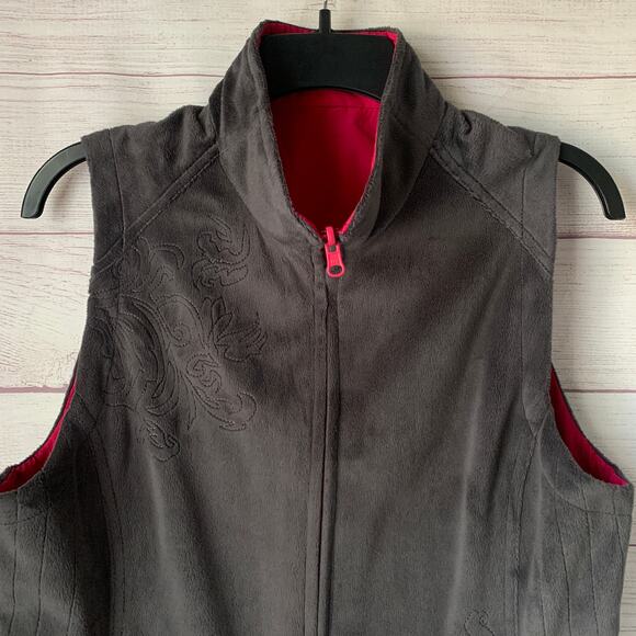 Charcoal Gray and Pink Reversible Zip Up Vest Fleece Embroidered Floral - Picture 6 of 16
